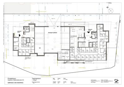 Etasjeplan (1. etasje) for et prosjekt med to boligenheter (Hus A og Hus B), garasje og hageområder.