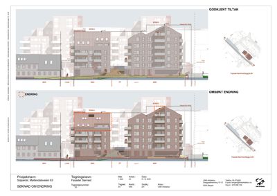 Fasadetegning som viser bygningens utseende fra vest, med to alternativer for endring av fasaden.