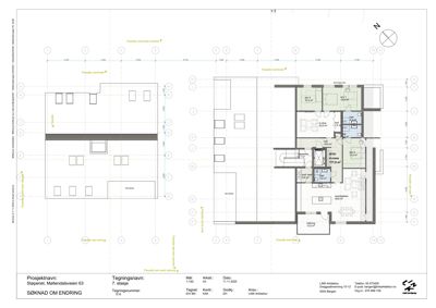 Etasjeplan for 7. etasje i et fleretasjes bygg, som viser romfordeling, arealer og fasader.