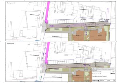 Situasjonsplan som viser to alternativer for sporingsanlegg (personbil og brannbil) i forhold til eksisterende bygninger og veier.