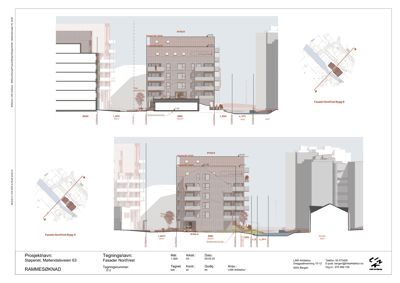 Fasadetegning (opprikk) av bygning sett fra siden, med tilhørende situasjonsplaner i hjørnene.