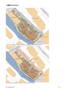 Situasjonsplaner (utomhusplaner) som viser to alternativer for plassering av nedkast for restavfall på en tomt ved en elv.