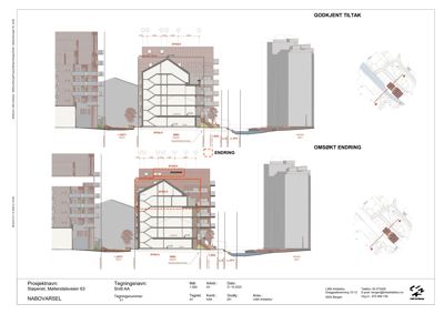 Snittegning som viser bygningens tverrsnitt, høyder og endringer i fasaden.