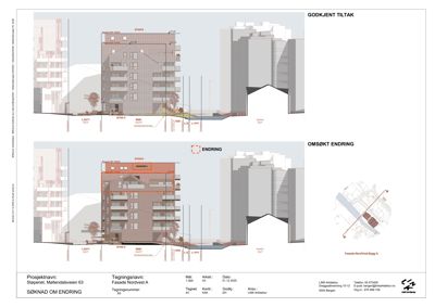 Fasadetegning som viser bygningens utseende sett fra nordvest, med endringer og godkjente tiltak markert.