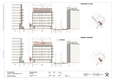 Fasadetegning som viser bygningens utvendige utseende med detaljer om vinduer, fasadepanel og høyder.