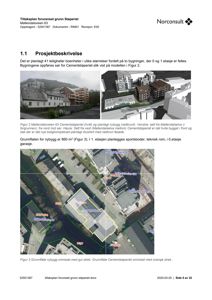 Bildet viser en prosjektbeskrivelse med to bilder: et fotografi av eksisterende bygninger og en 3D-rendering av det planlagte byggeprosjektet, samt en situasjonsplan (Figur 3) som viser grunnflaten.