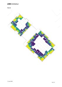 Etasjeplan (Plan 03) med romfordeling og fargekodet overflatebehandling (f.eks. lydnivå eller temperatur).