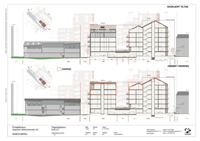Snittegning (Snitt CC) som viser bygningens tverrsnitt, høyder og endringer i forhold til nabovarsel.