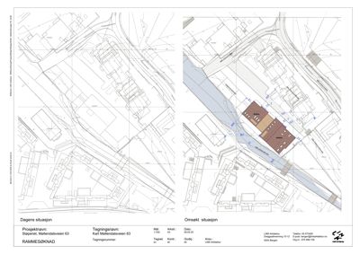 Situasjonsplan som viser dagens situasjon og omsøkt situasjon for et byggprosjekt.