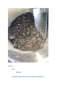 Fotografi av en jordprøve i en metallbøtte med en spade, med teksten 'Prøve B', 'Dyp 100-200' og 'Prøvebeskrivelse' under.
