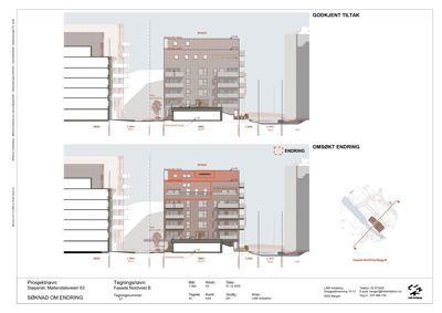 Tegning som viser fasadeoppsettet for bygningen sett fra nordvest. Den viser både et godkjent tiltak og en foreslått endring.