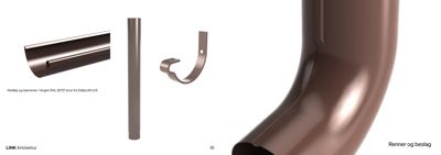 Detaljtegning av nedløp og takrenner i fargen RAL 8017 brun, inkludert beslag.