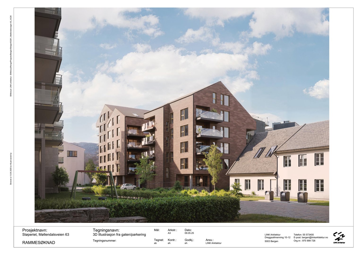 3D-visualisering (rendering) av etasjeplan for '3D illustrasjon fra gaten/parkering' i prosjektet Støpenet, Mellandalsveien 63.