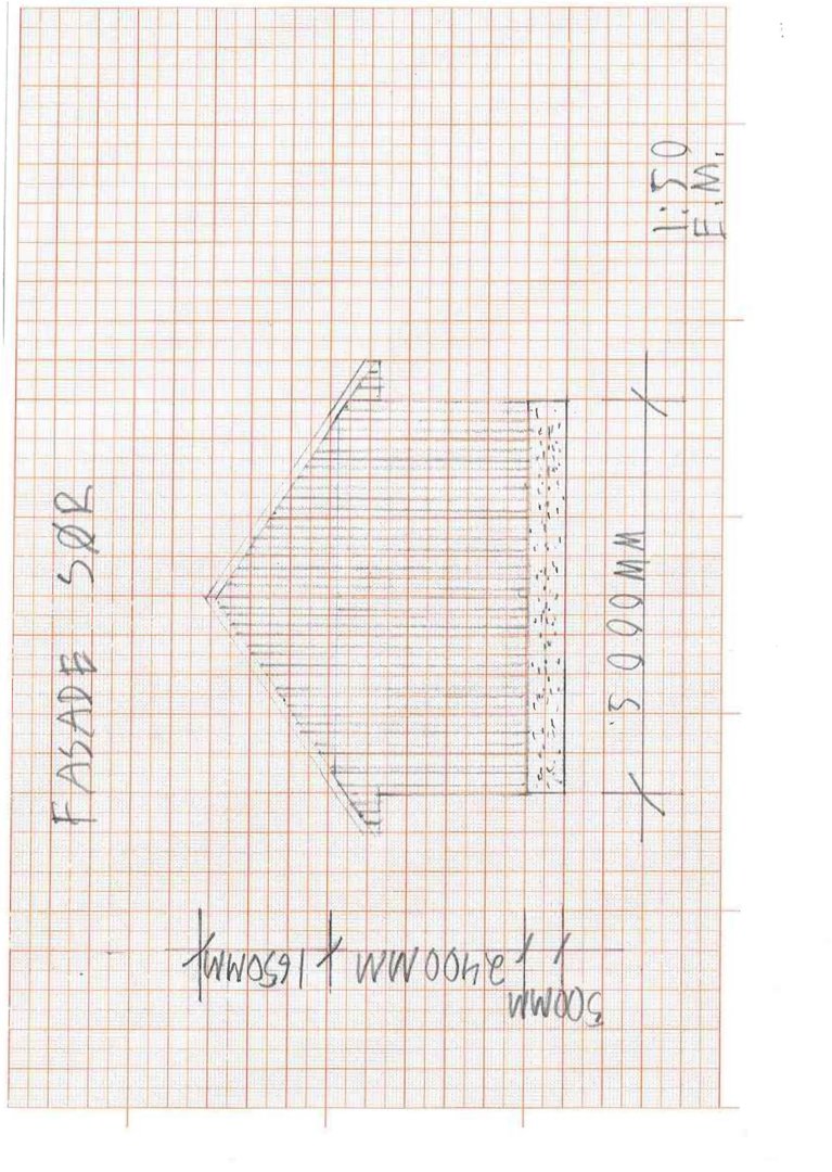 Håndtegnet fasadetegning (sør) med mål og skraveringer.