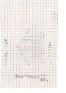Håndtegnet fasadetegning (sør) med mål og skraveringer.