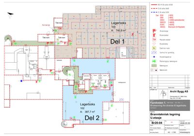 Etasjeplan (U-etasje) med romfordeling, arealopplysninger og brannsikringstiltak.