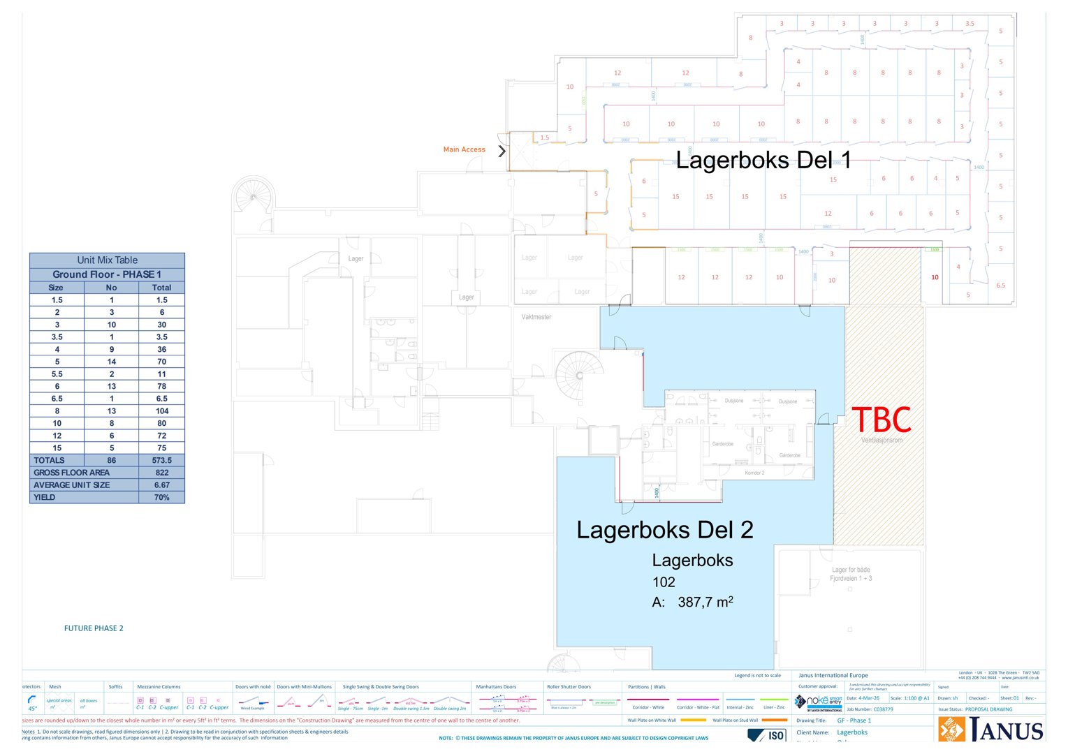 Etasjeplan (Ground Floor) for en lagerbygning som viser romfordeling, arealer og enhetssammensetning.