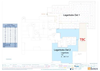 Etasjeplan (Ground Floor) for en lagerbygning som viser romfordeling, arealer og enhetssammensetning.