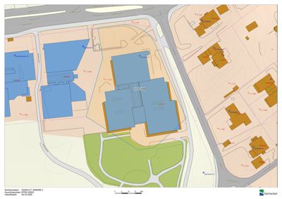 Situasjonsplan som viser tomtens beliggenhet i forhold til nabolag, veier og topografi.