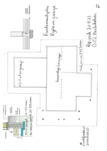 Tegning som viser detaljert oppriss av fundament og garasje, inkludert dimensjoner og materialer.