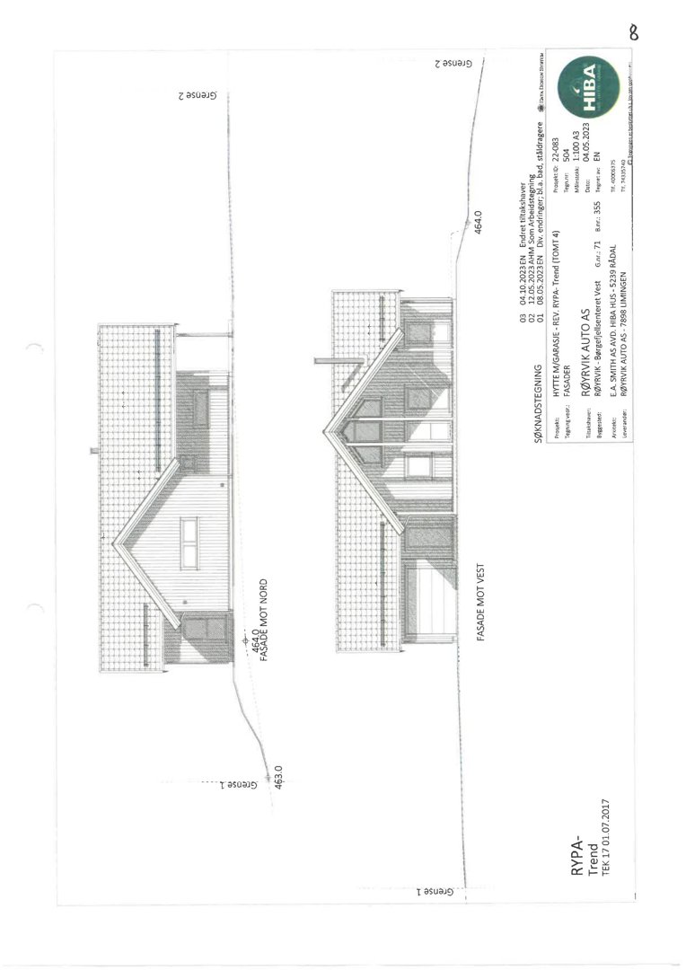 Fasadetegning av en bygning sett fra vest og nord.