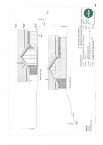 Fasadetegning som viser bygningens utseende fra en side, med høydeangivelser og orientering.