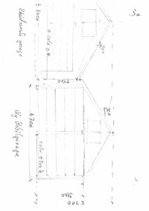 Håndtegnet oppriss (fasetegning) av to garasjer med mål og notasjoner.