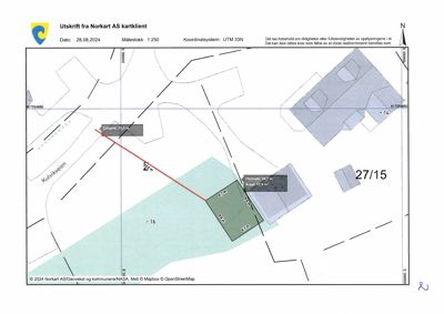 Situasjonsplan eller tomtekart som viser eiendomsgrenser, bygningers plassering og areal.