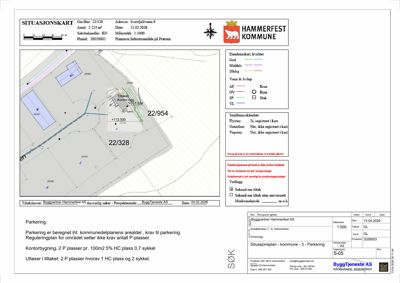 Situasjonskart som viser tomtens beliggenhet, grenser, bygninger og infrastruktur.