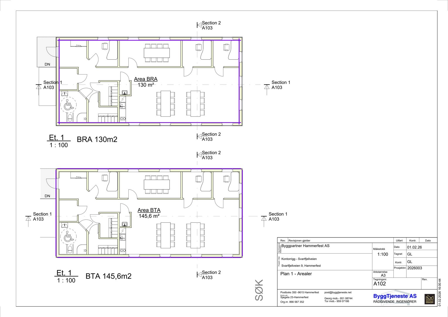 Plantegning av etasjen (Et. 1) som viser romfordeling, arealer (BRA og BTA) og snittreferanser.