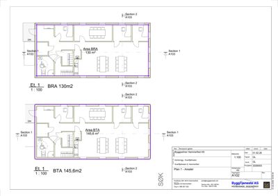 Plantegning av etasjen (Et. 1) som viser romfordeling, arealer (BRA og BTA) og snittreferanser.