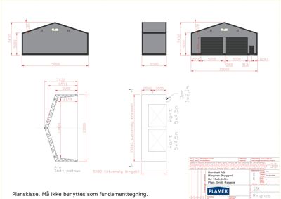 Bildet viser en fasadetekning og et snitt (A-A) av en bygning, med mål og detaljer for dører og port.
