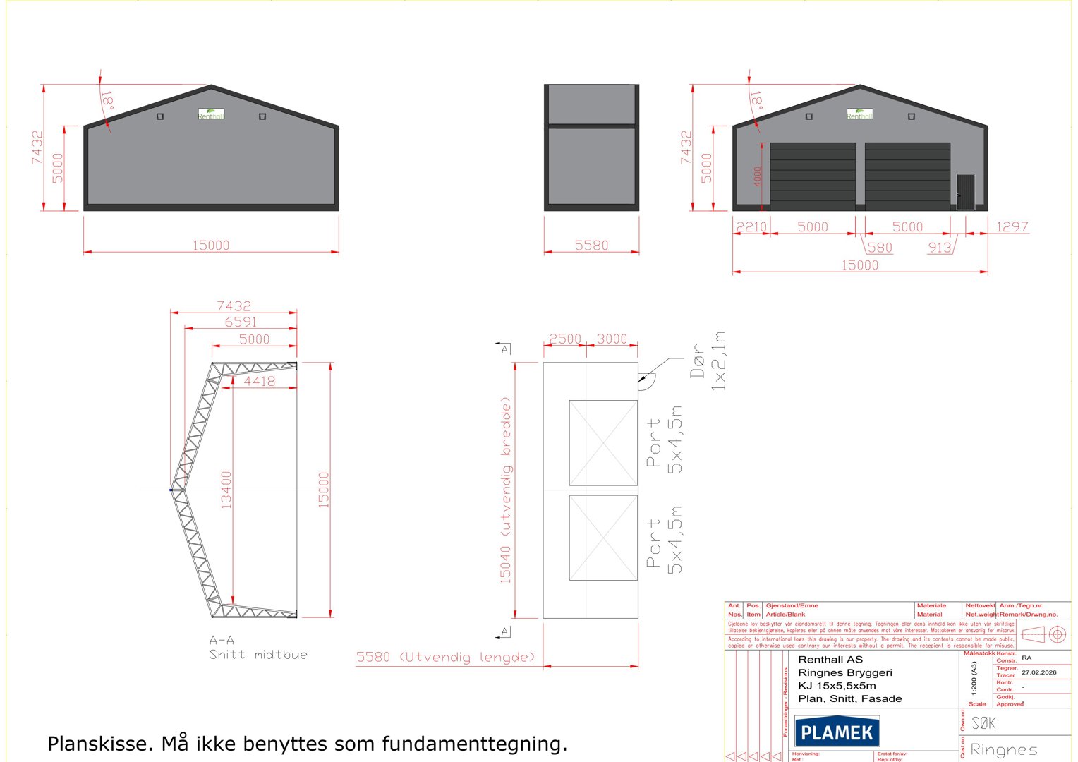 Bildet viser en fasadetekning og et snitt (A-A) av en bygning, med mål og detaljer for dører og port.