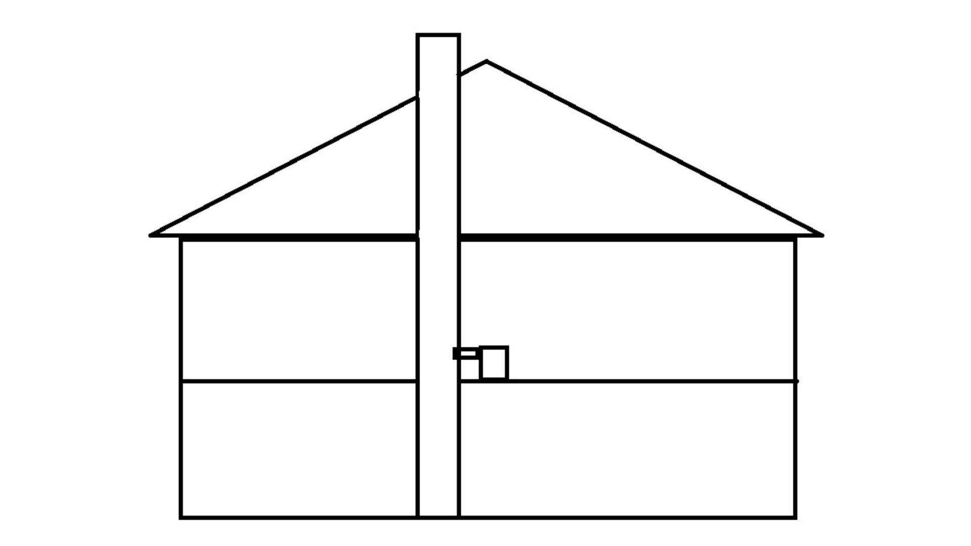 En enkel tegning som viser fasaden (framsiden) på en toetasjes bygning med skrå tak og en dør.