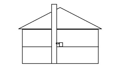 En enkel tegning som viser fasaden (framsiden) på en toetasjes bygning med skrå tak og en dør.