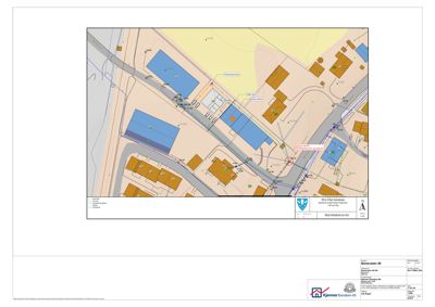 Flyfoto eller ortofoto av et område med flere bygninger, veier og grøntområder, brukt som bakgrunn for en situasjonsplan.