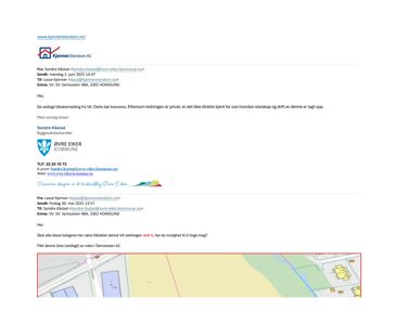 Et digitalt kartutsnitt (situasjonskart) som viser eiendomsnummer 42 og nabolag i Semsveien, inkludert vei, grøntområder og andre bygninger.