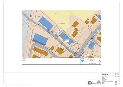Kart over et område med flere bygninger, veier og grøntområder. Kartet viser topografi og infrastruktur i nabolaget.
