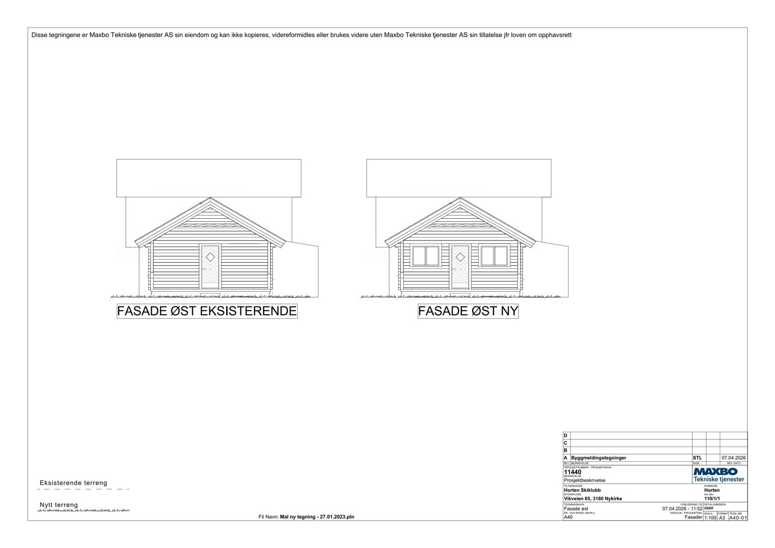 Tegning som viser fasadeoppsett for en hytte, med to varianter: eksisterende og ny.