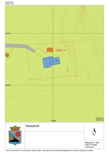 Kartutsnitt som viser tomt (110/1-1) med bygningsplassering, høydekurver og nabolag.