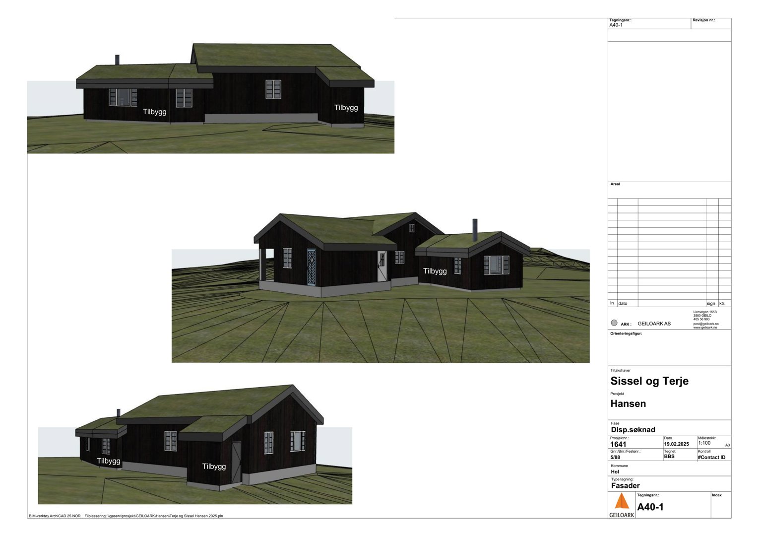 3D-visualisering (rendering) av en husfasade med to perspektiver og et sideperspektiv.
