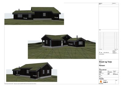 3D-visualisering (rendering) av en husfasade med to perspektiver og et sideperspektiv.
