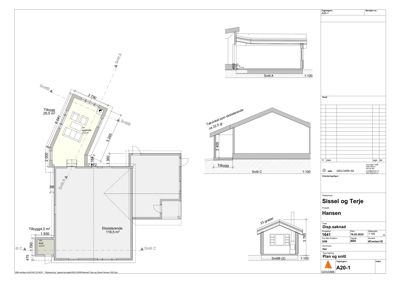 En tegning som viser etasjeplan for en eksisterende og en tilbygget del av en bygning, med angitte mål og snittreferanser.