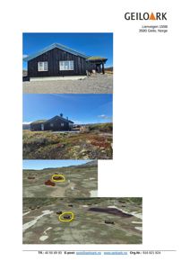 Bildet viser en samling av fire bilder: to foton av en mørk hytte (ett nærbilde og et fjernt bilde), og to 3D-modeller (renderinger) av hytta sett fra luften.