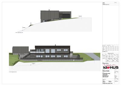 Fasadetegning som viser bygningens utseende fra to ulike vinkler (fra sør og fra øst).