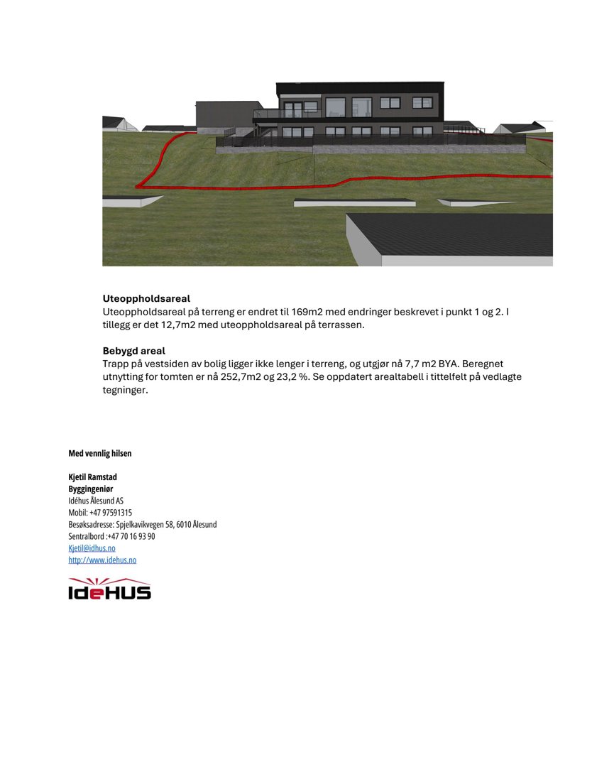 Fotografi av en 3D-modell av en bygning med terreng og utendørsarealer, inkludert en rød markering for uteoppholdsareal.