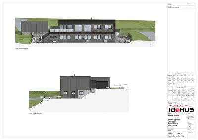 Fasadetegning som viser bygningens utseende fra øst og vest, inkludert materialvalg, vindusoppsett og terrassering.