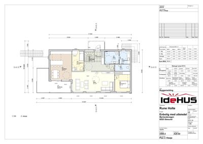 Etasjeplan for 2. etasje i en bolig, som viser romfordeling, størrelser og snittlinjer.