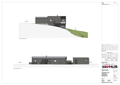 Tegning som viser fasadeopprikk (fra nord og vest) for en enebolig, inkludert takform, vinduer og terrengforhold.