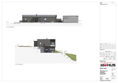 Tegning som viser fasadeopprikk for en enebolig sett fra nord og vest. Tegningen inneholder både et utsnitt av fasaden og et snitt gjennom bygningen for å vise høyder og terrengforhold.